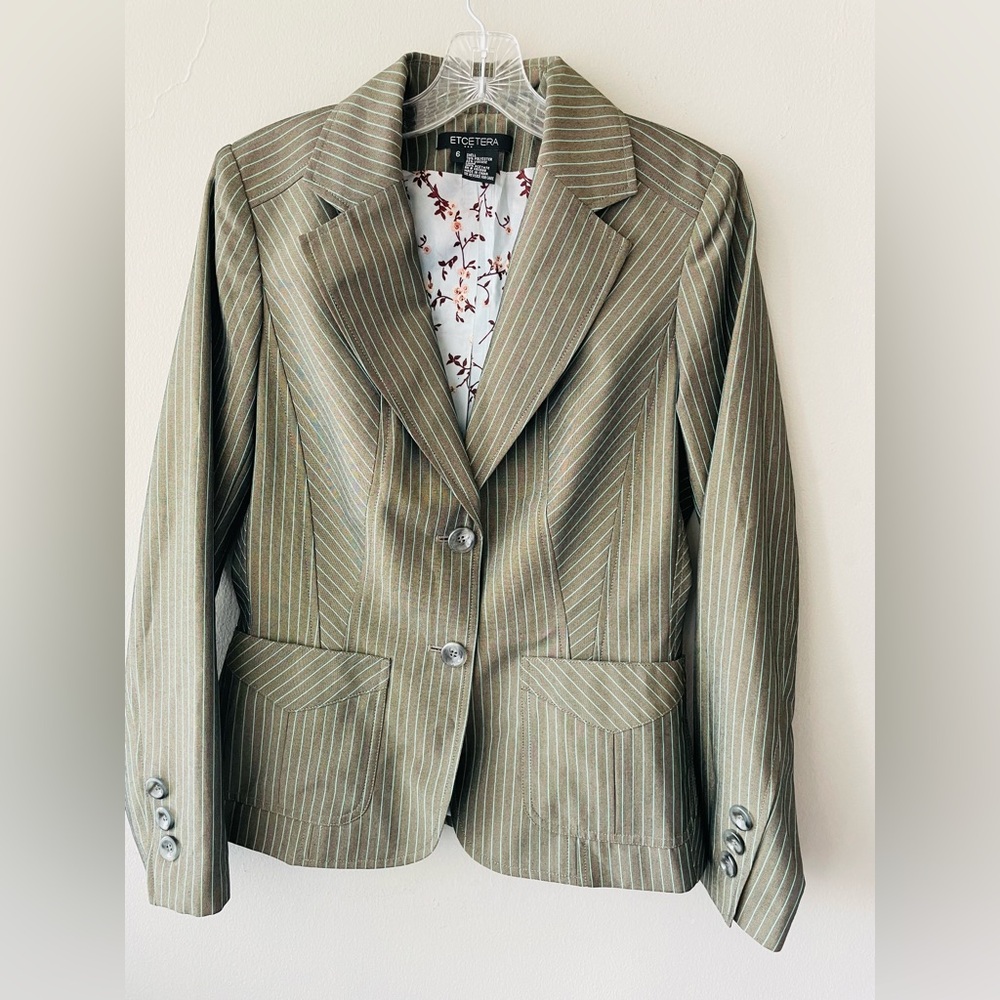 Etcetera Women’s Blazer Size 6  Olive Green And Mint Pinstripe Corporate